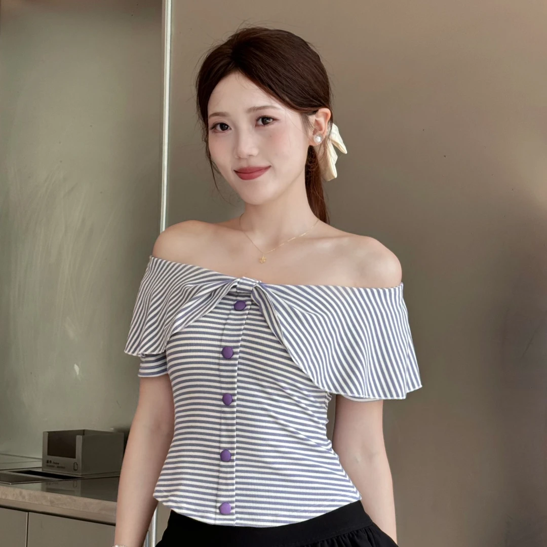 紫条蝴蝶结大领夏季T恤单排扣弹力棉显瘦性感露肩条纹短款上衣