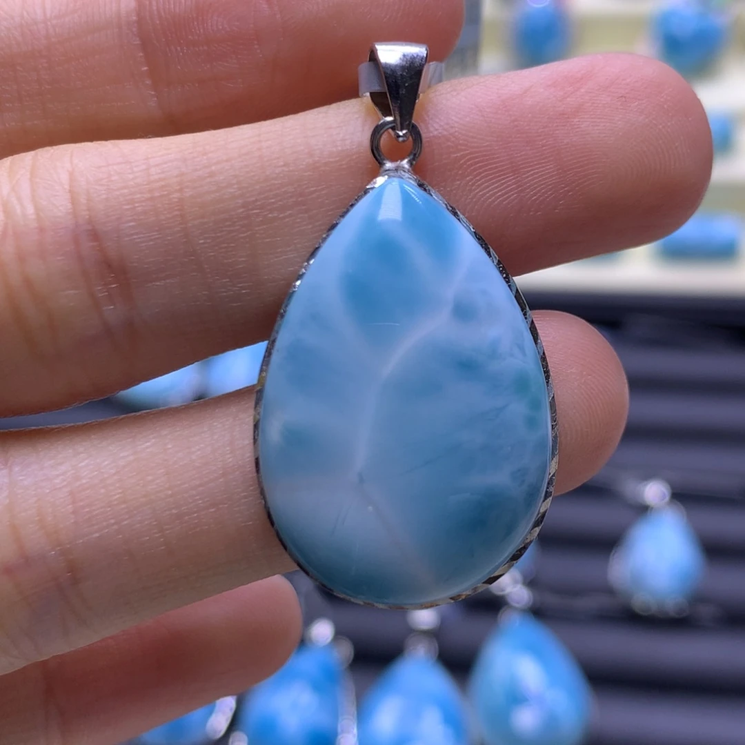 针钠钙石（海纹石）银S925镶嵌吊坠(不含链)水滴吊坠色差略异