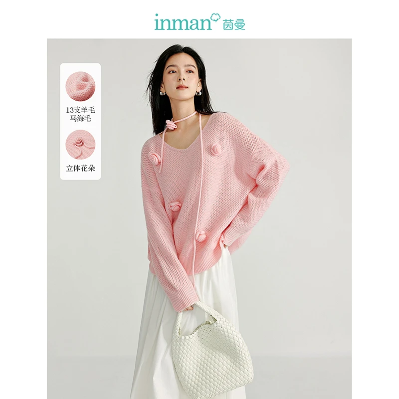 【商场同款新品】茵曼春季法式立体花朵毛衣宽松显瘦长袖套头针织衫