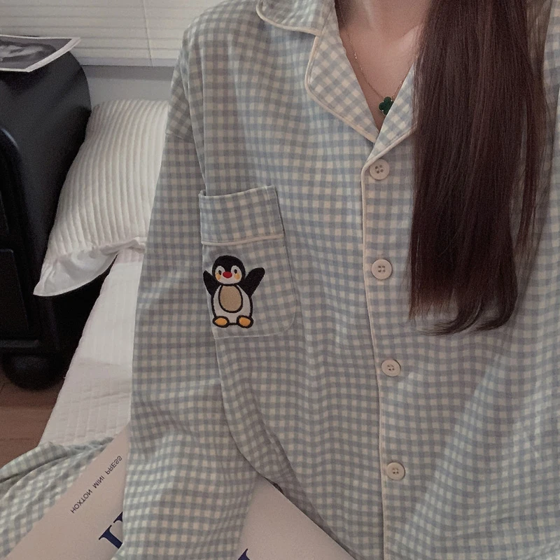 春秋季纯棉睡衣女士套装卡通甜美薄款长袖长裤开衫大码格子家居服