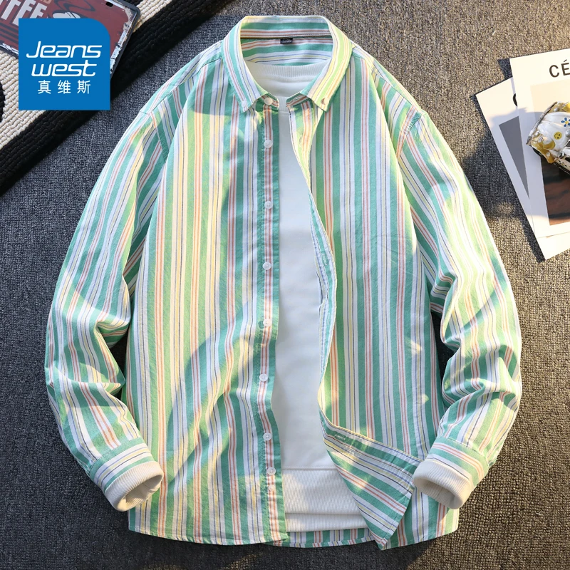 真维斯翻领条纹长袖衬衫男春季潮流拼色宽松外套青年纯棉百搭衬衣