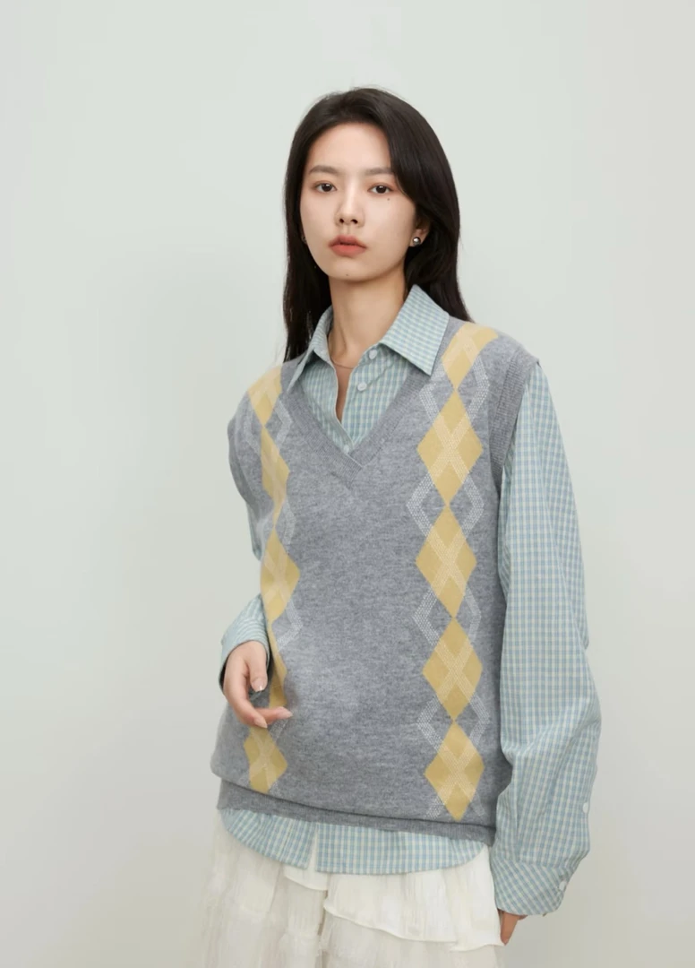 REREK菱格撞色polo领毛衣针织衫女25早春新款