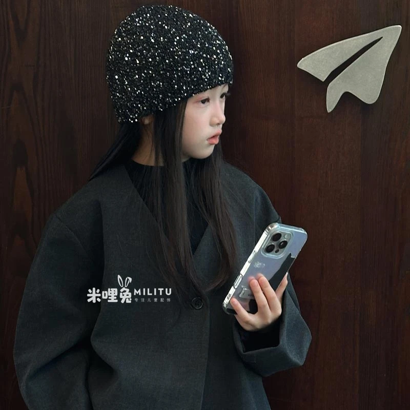 儿童亮片冷帽赵露思同款韩国黑色针织帽时尚包头帽子显脸小堆堆帽