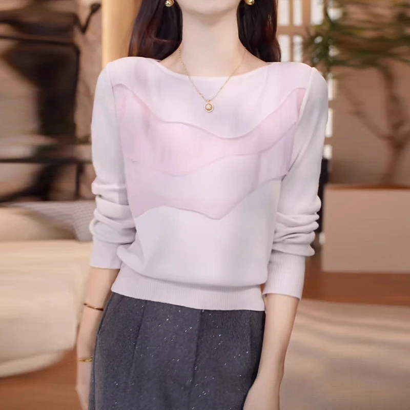 安暖相伴秋季新款气质百搭显瘦遮肉粉色针织衫女设计感拼接打底衫