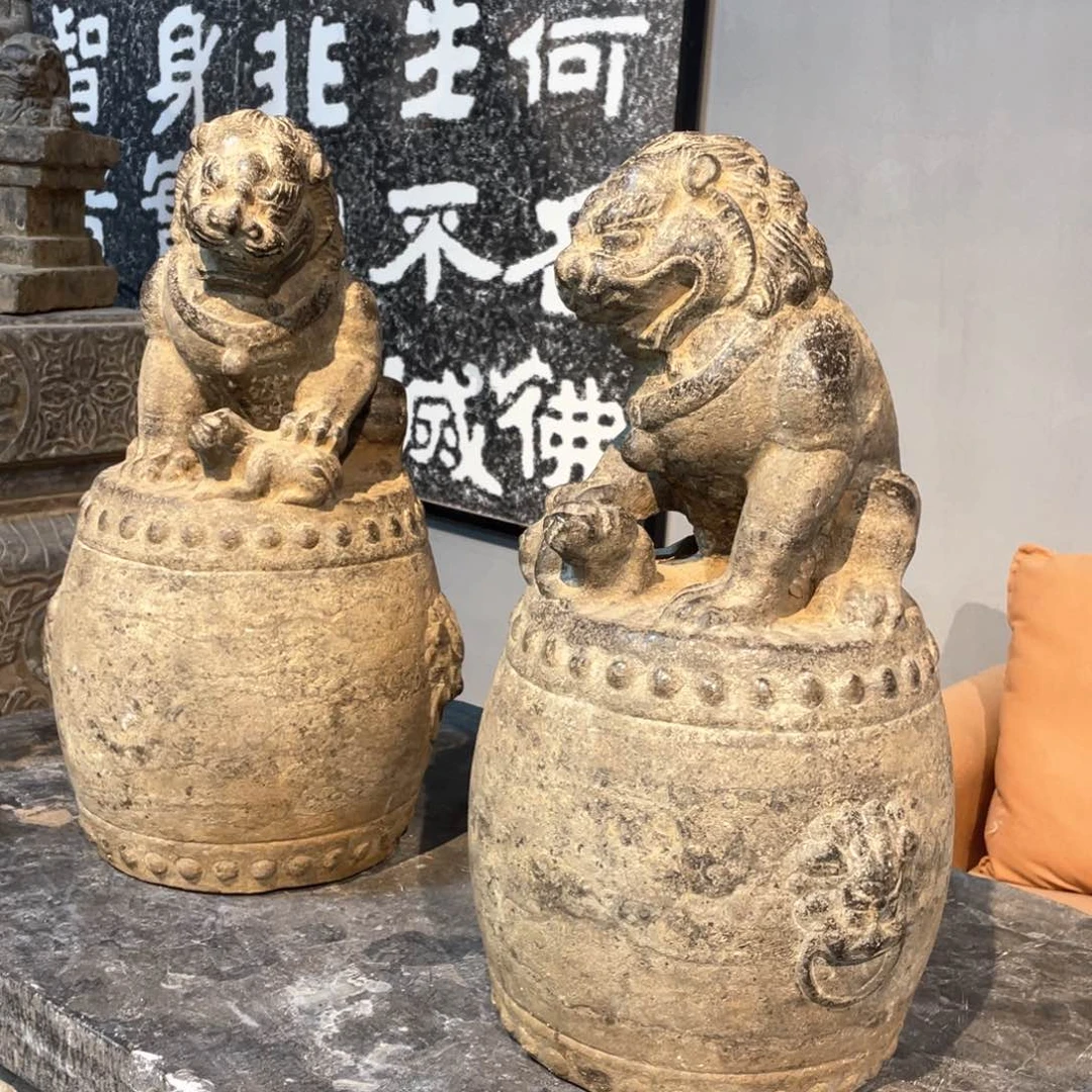 石材智**傅黑青石一对鼓上狮全品完整包邮