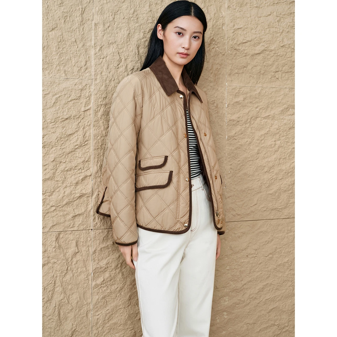 「微雕刻」INSUN恩裳2025冬季复古撞色翻领棉服9C65508800