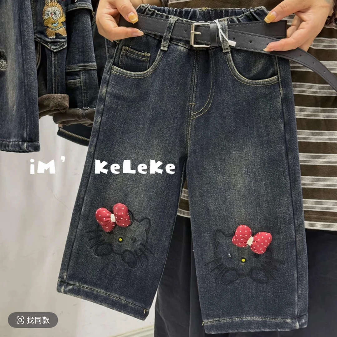 2025秋冬新款女童加厚牛仔裤秋HelloKitty加绒保暖儿童直筒裤