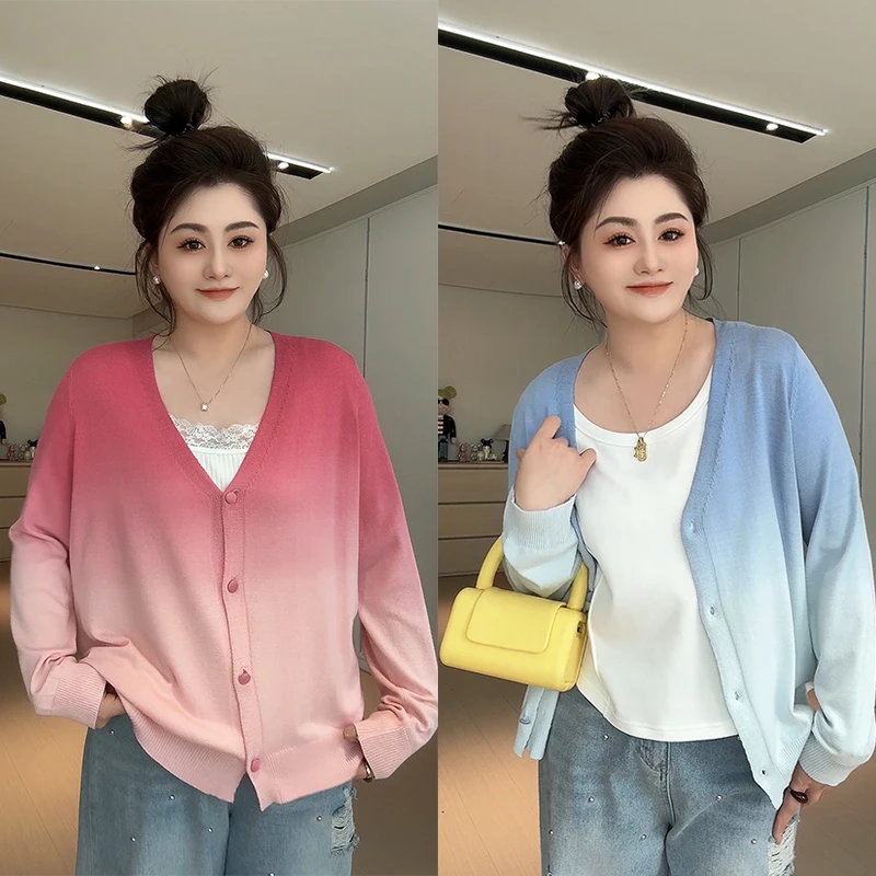【胖佳佳】渐变嗲妹 长袖v领针织衫时尚撞色开衫H625Z02057