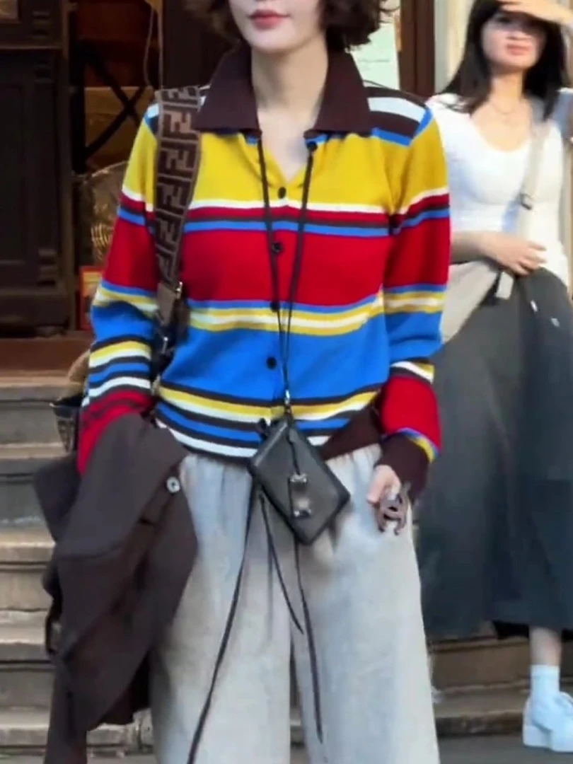 韩系气质拼色上衣女2025年秋新款时尚减龄彩色条纹漂亮翻领Polo衫