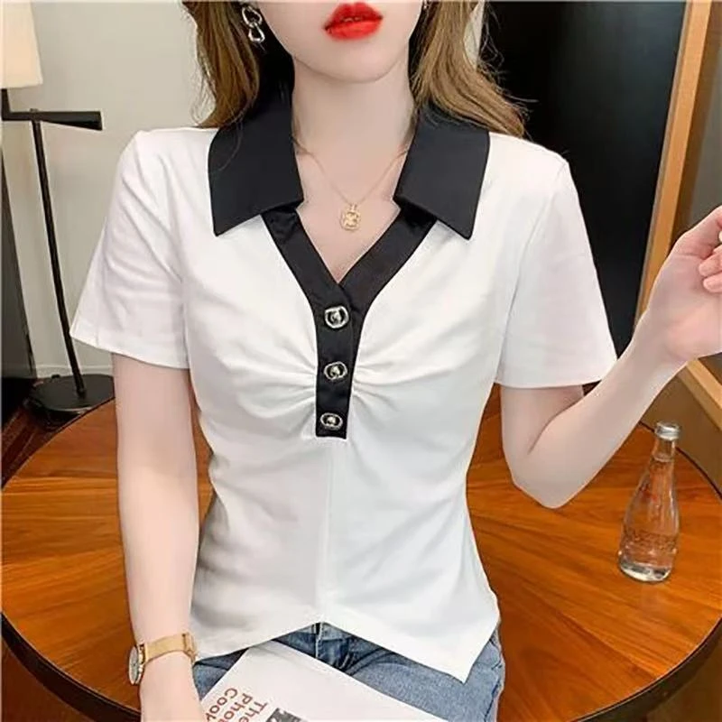 T26#POLO领设计感法式洋气不规则短款上衣T恤【A6-3】