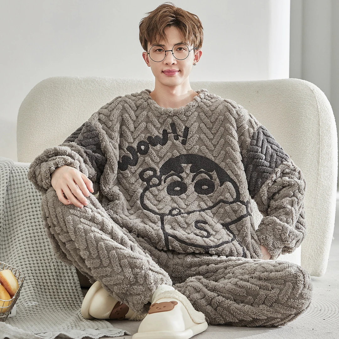 秋冬季男士加绒加厚睡衣珊瑚绒大码青少年卡通学生冬天保暖家居服