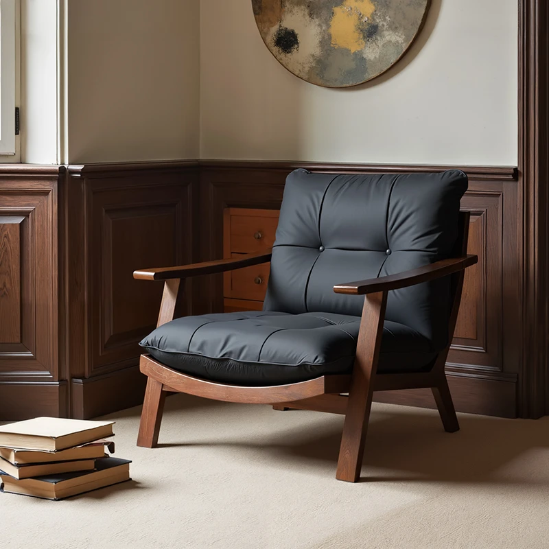 中古风白蜡木实木休闲椅复古单人沙发椅设计师椅休息坐靠客厅沙发