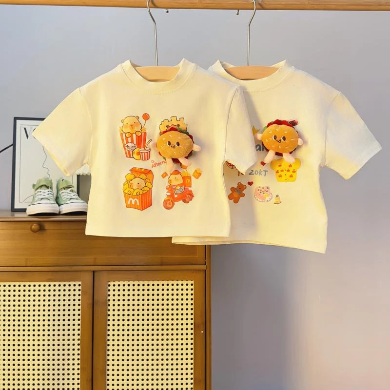 纯棉）儿童短袖吸汗纯色夏季休闲宽松T恤男女童夏装立体玩偶