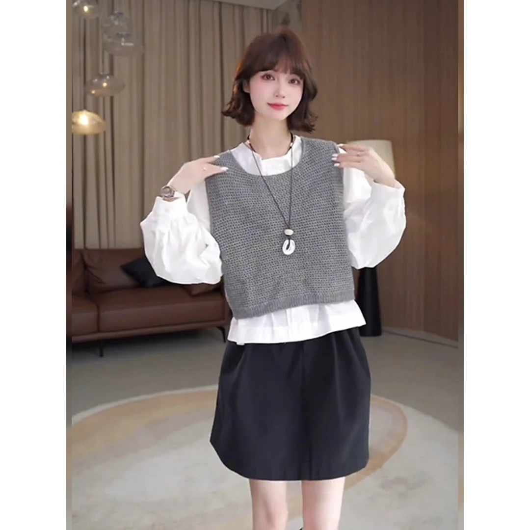 2025秋冬新款法式气质休闲长袖衬衫针织马甲女装小个子百搭两件套