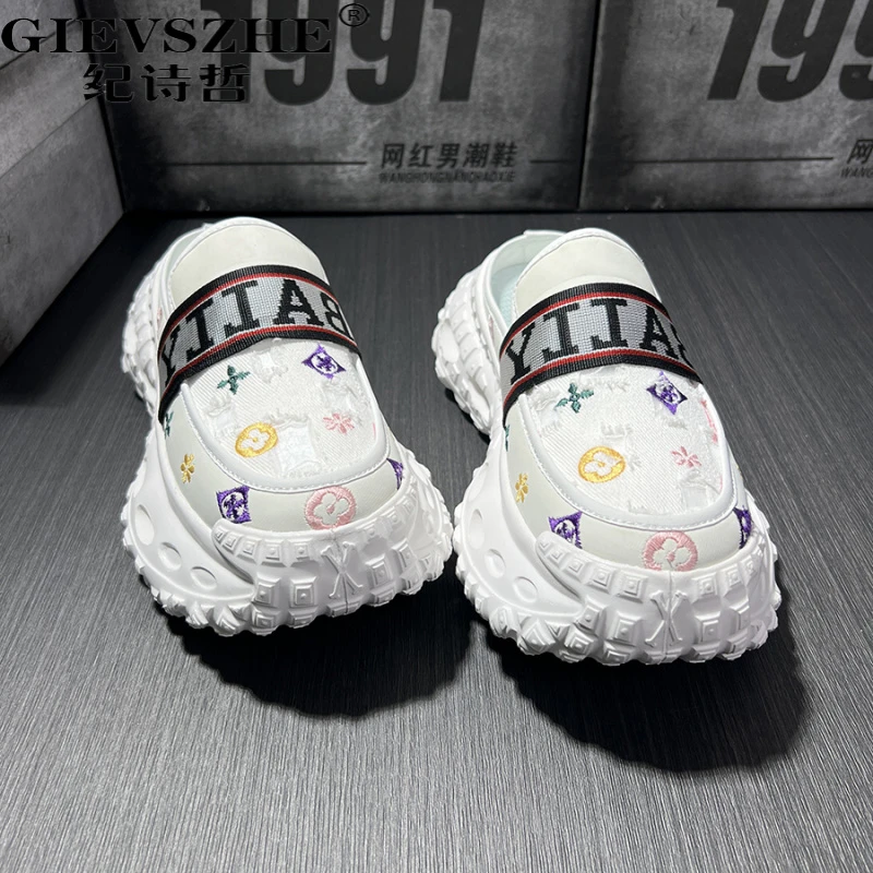 纪诗哲一脚蹬男鞋夏季新款百搭潮流帆布鞋透气刺绣厚夏季透气增高