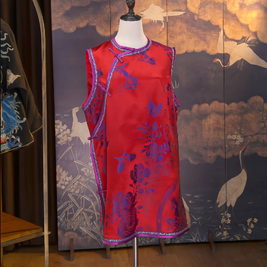 LR00003老软缎蝴蝶花鸟提花红色国风新中式大马甲