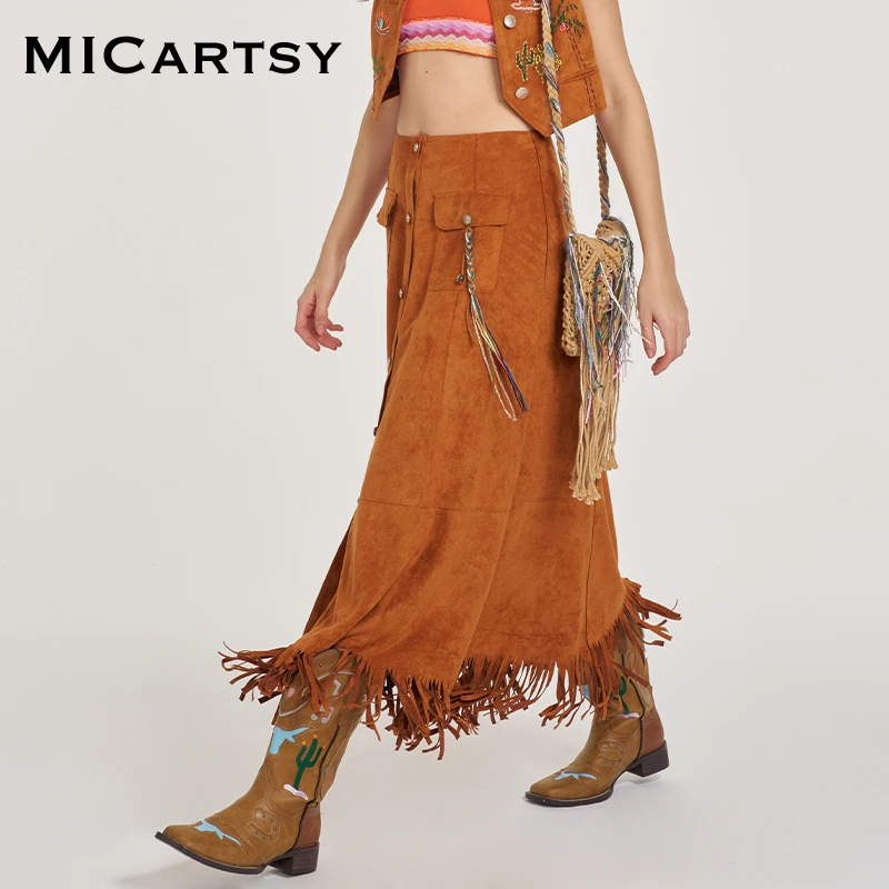 MICartsy王紫珊2025秋冬新款仿棕色麂皮手工钉珠半身裙