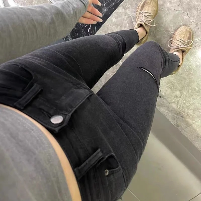 5275夏季新款美式复古高腰显瘦修身破洞减龄九分牛仔裤女