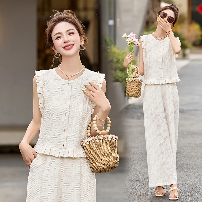 高级感花边无袖显瘦套装女2025夏季新款气质时尚减龄阔腿裤两件套