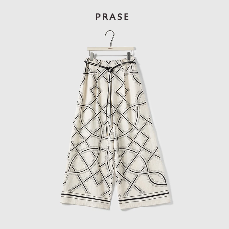 PRASE·噜【线条艺术】微胖轻奢设计款夏亚麻印花连腰阔腿裤PR505S56