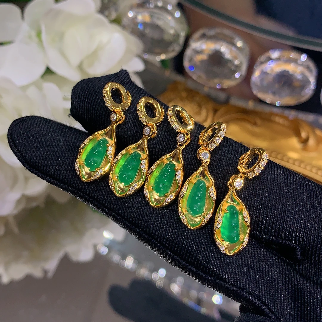 S925银镶嵌天然绿玉髓葫芦吊坠小众玉石黄福豆时尚百搭款滴溜挂件