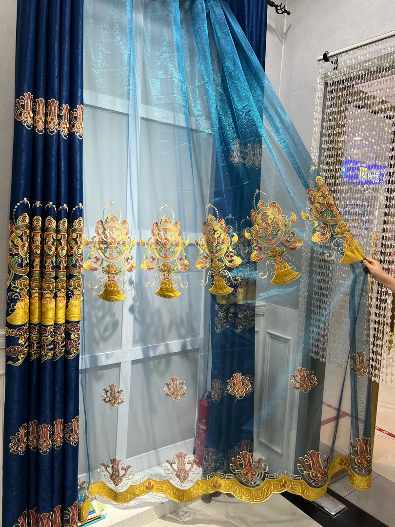 藏式蓝、咖两色加厚遮阳成品定制定做绣花窗帘纱帘阳光房客厅阳台