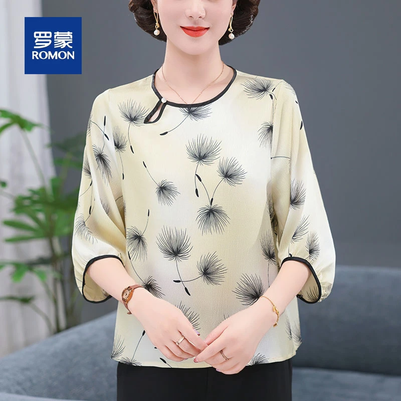 罗蒙贵夫人夏装高端雪纺衫T恤套装女中老年妈妈减龄小衫两件套女