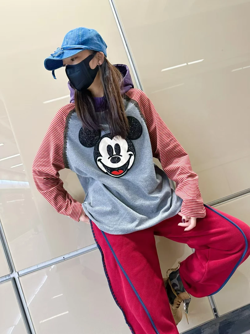 （米老鼠假两件百棉宽松T）时尚百搭显瘦套头