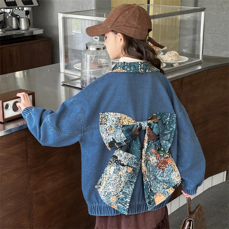 女童牛仔外套春秋款2025新款中大童韩版洋气蝴蝶结饰夹克网红上衣