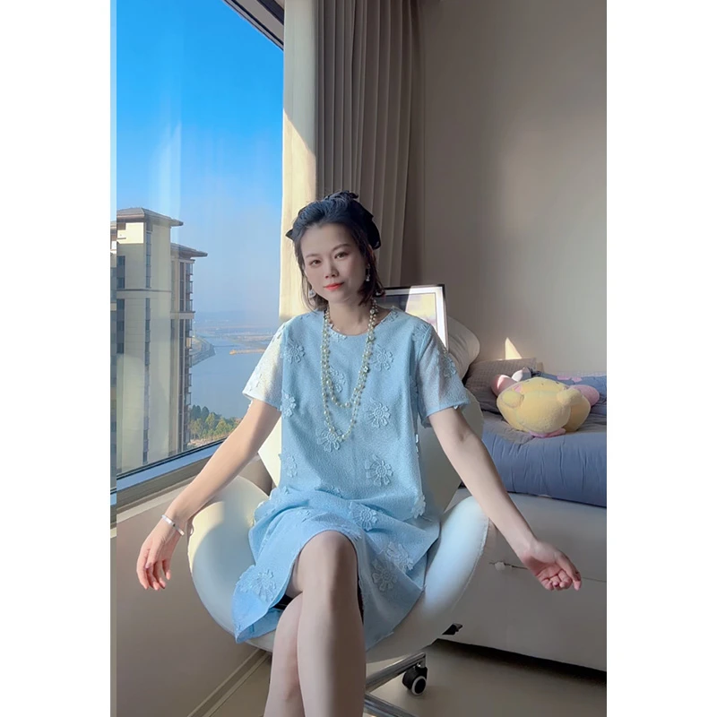 H型夏季中长裙圆领挂脖款连衣裙裙子蓝色长款国风25118