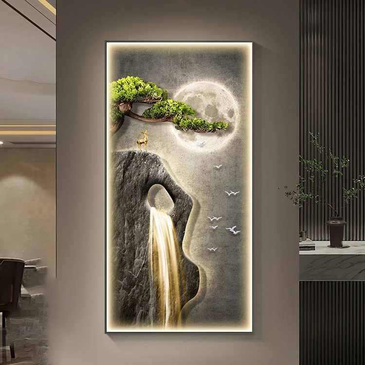 流水艺术玄关装饰画竖版入户门走廊过道壁画现代轻奢客厅山水挂画