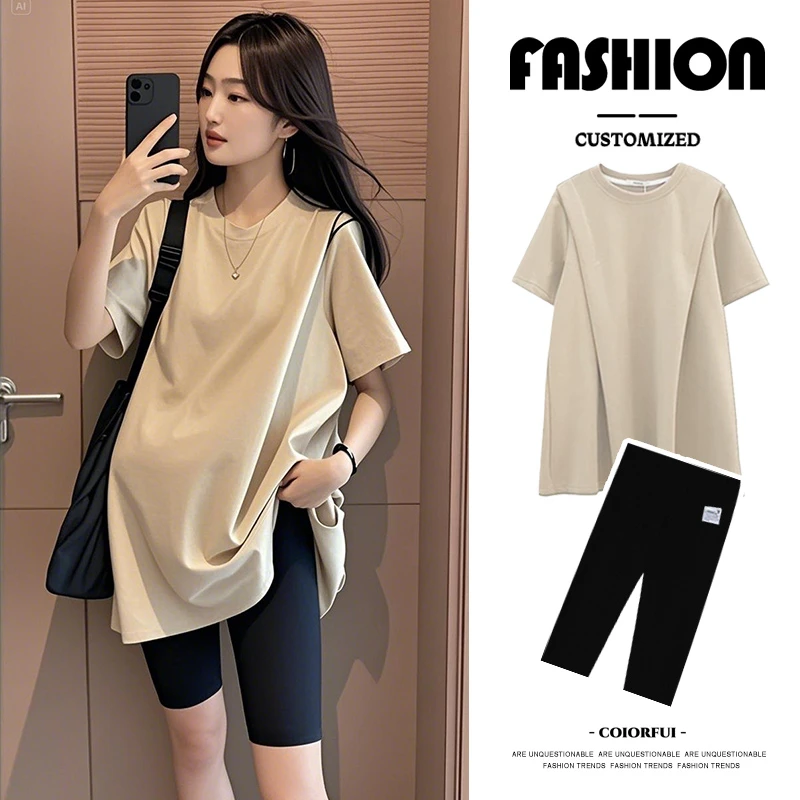 孕妇装2025夏季新款短袖T恤卡通开心小狗上衣宽松孕妇两件套装夏