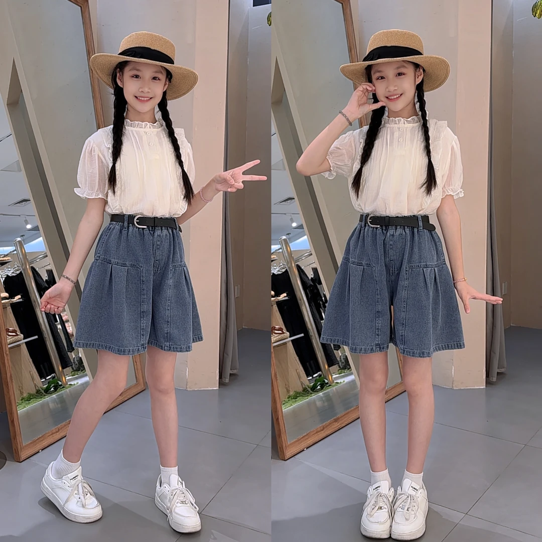 女童夏装洋气娃娃衫上衣搭配牛仔短裙裤时尚套装女孩韩版薄款夏季