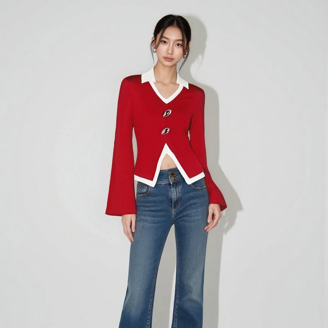 初秋新款显瘦长袖针织衫女不规则套头假两件套针织上衣HBZC641266