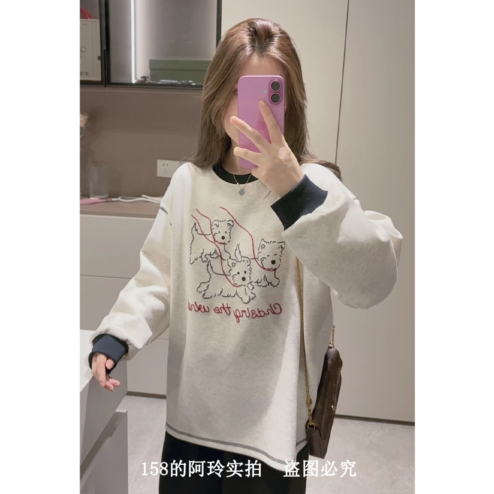 【阿玲实拍】小狗植绒卫衣圆领套头2025秋季新款宽松套头百搭慵懒风