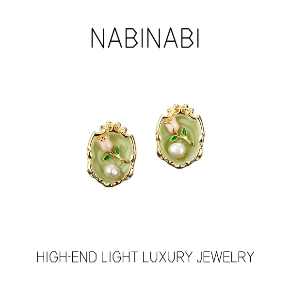 合金耳饰 5592绿色油画风新中式天然珠耳钉 法式宫廷复古耳环