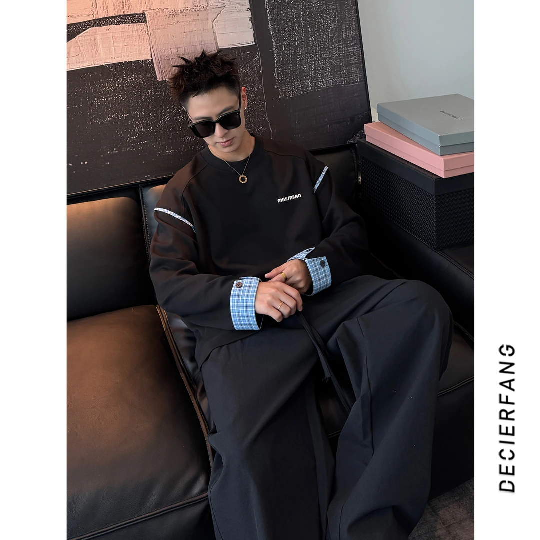 DF『25早秋高定系列』欧若风松弛极简撞色格纹休闲百搭长袖卫衣