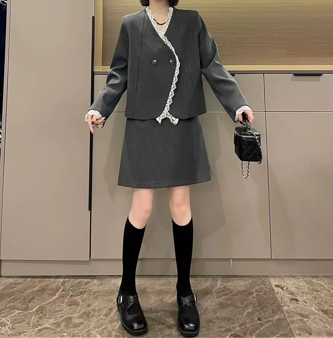 米可/MK-2763ZJ【蕾丝边拼西装+半身裙套装】时尚秋季新款两件套