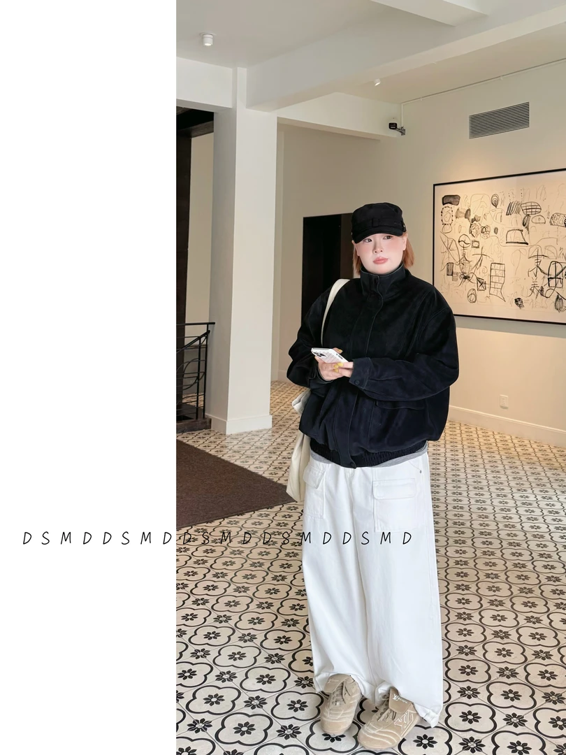 古着黑巧 | D S M D | 大码女装宽松特殊绒皮夹克外套
