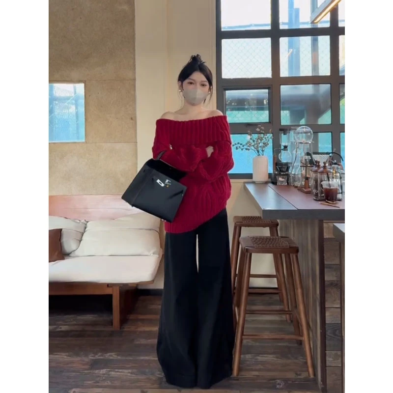 过年穿搭红色一字肩麻花毛衣女冬季加厚气质慵懒风露肩针织衫上衣