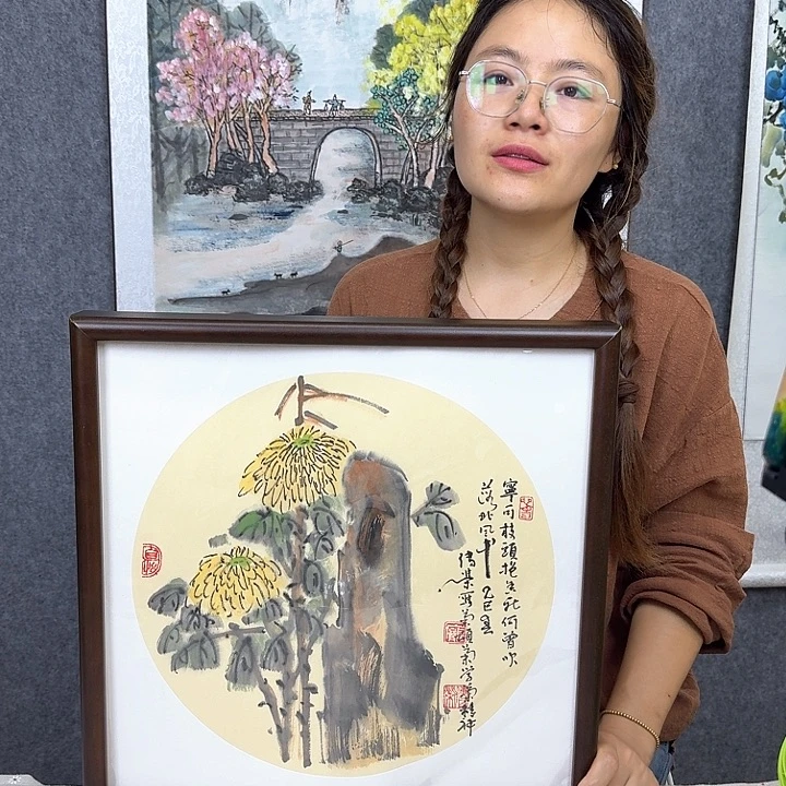 国画纯手绘菊花(41*41)带框
