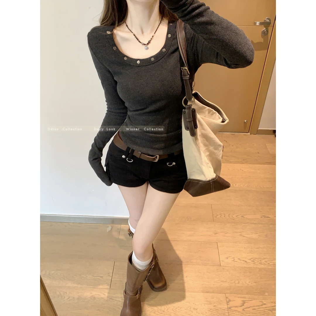 美式辣妹深灰色铆钉低u领长袖T恤女秋季内搭修身美系打底衫上衣