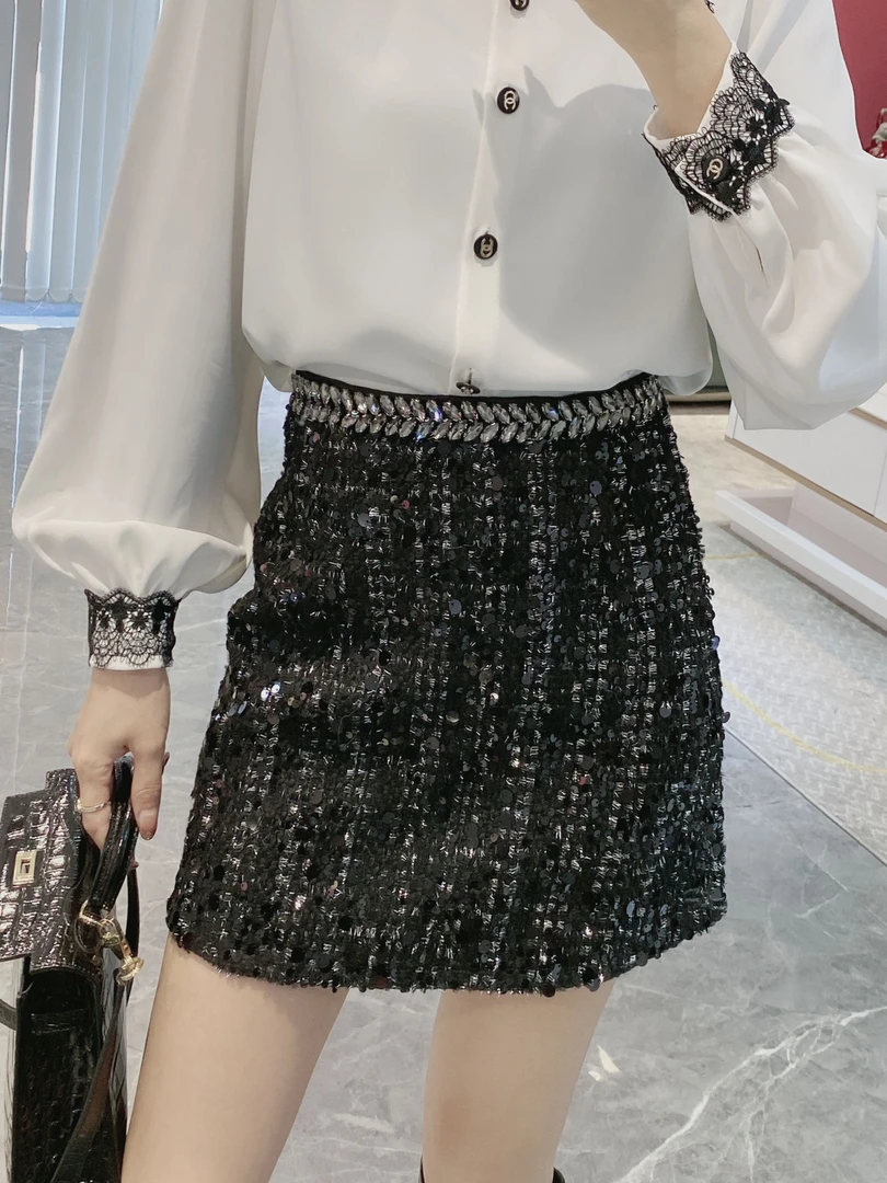 钉珠珠片小香半身裙8089