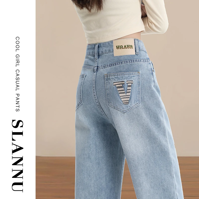 浅色刺绣阔腿牛仔裤女夏季2025新款宽松遮胯显瘦高腰窄版直筒裤子