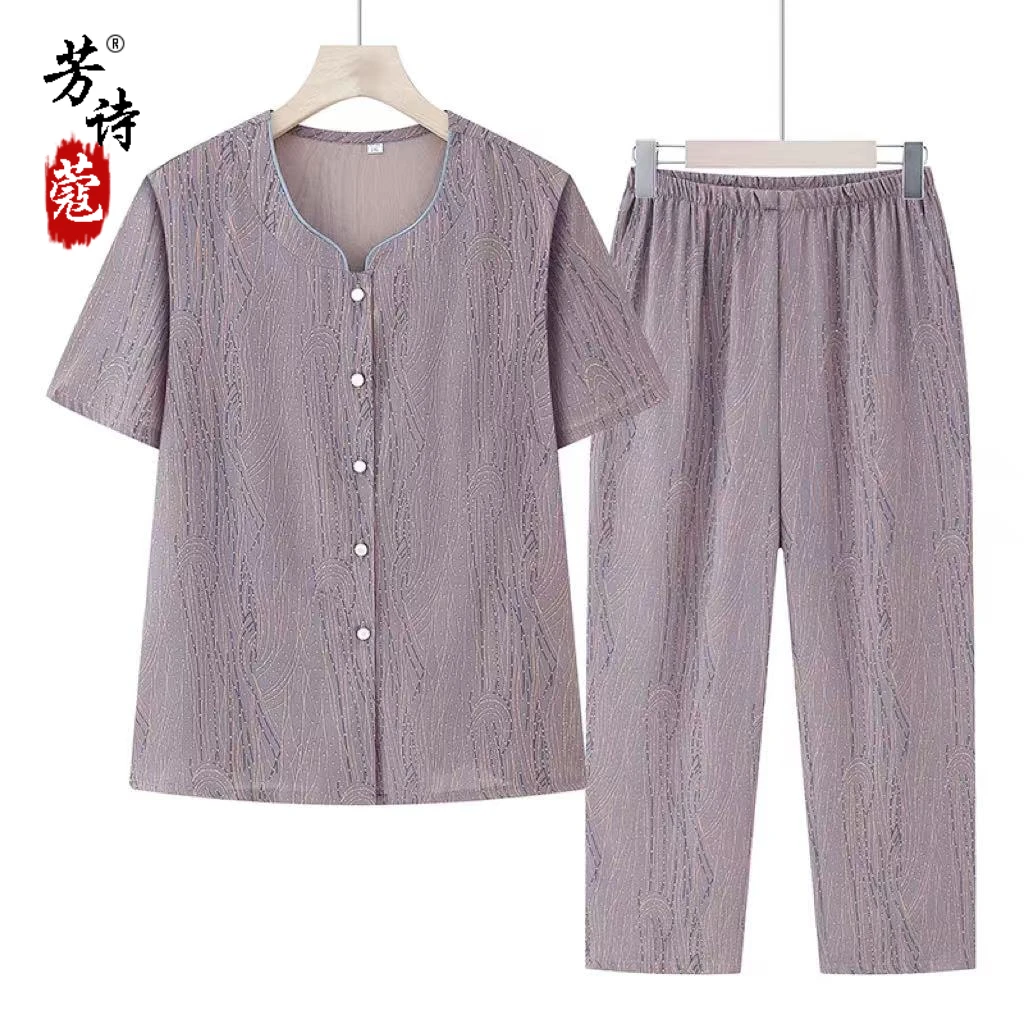 奶奶夏装短袖开衫衬衫新款妈妈装时尚两件套中老年人女装夏季套装