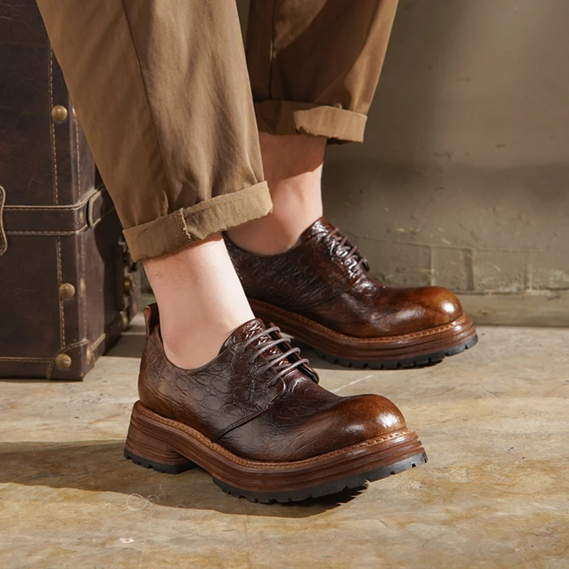 高级感复古男士皮鞋夏季大头手工英伦风真皮休闲厚底德比鞋增高鞋