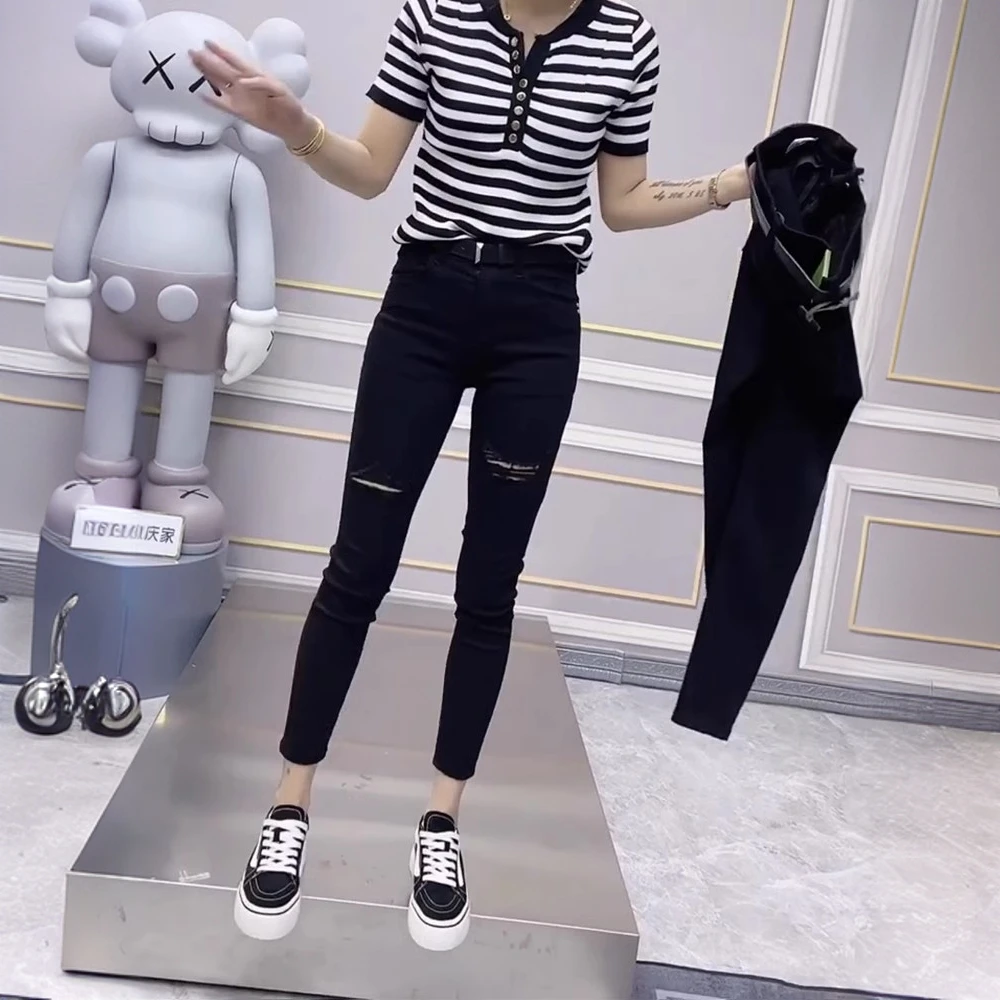 2025春季新款黑色破洞牛仔裤女高腰弹力修身显瘦小个子九分铅笔裤