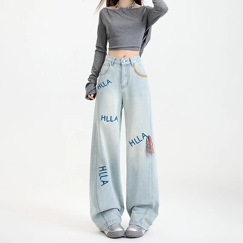 真衣坊刺绣弯刀高腰阔腿牛仔裤女2025新款显瘦垂感宽松拖地裤