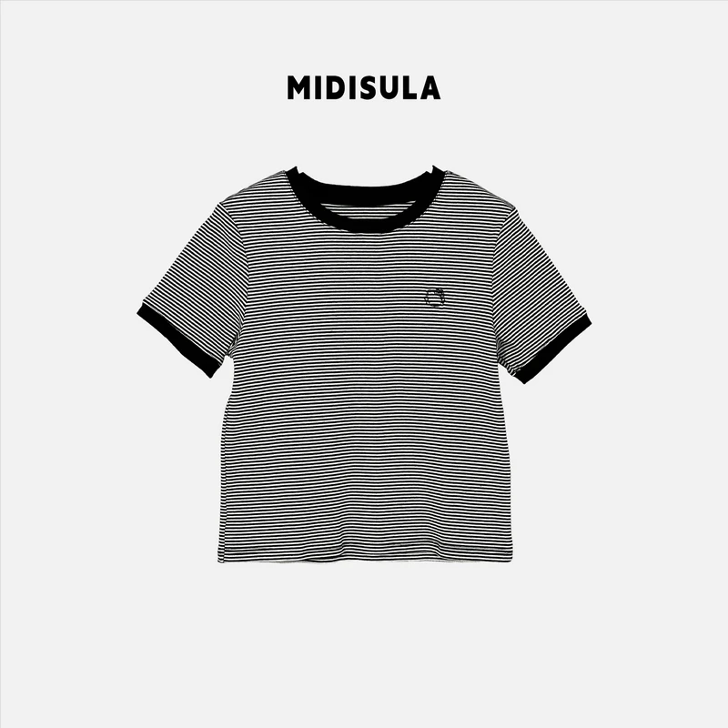 【H.MDSL】春季新款条纹拼色圆领小羊刺绣设计百搭t恤横条纹#0025