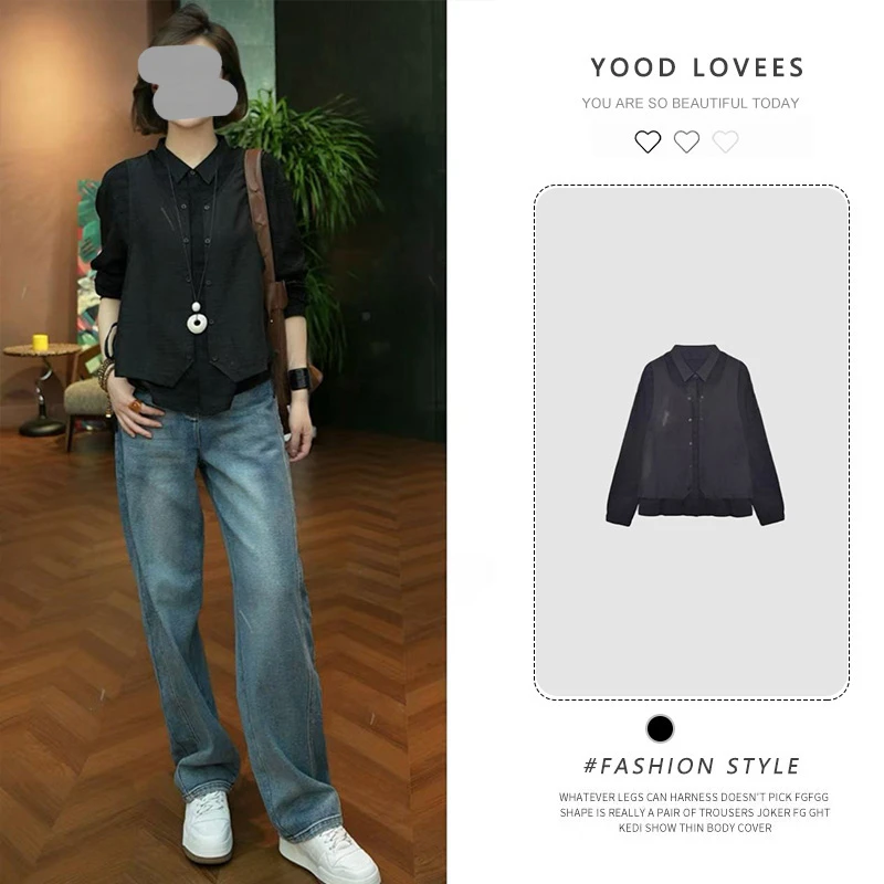 春秋新款时尚上衣女士休闲减龄慵懒风拼接设计感假两件衬衫高级感